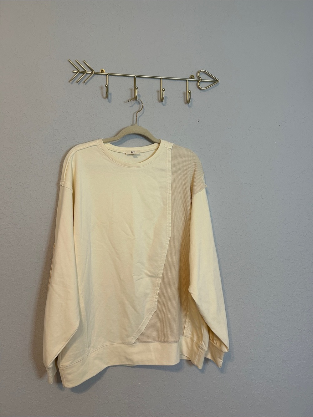 OTT Women’s M/L Cream Oversized Mixed Media Sweatshirt Waffle Knit Boho Pullover